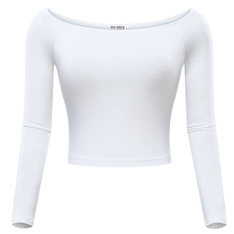 HUHOT Easter White Off Shoulder Tops for Teens Basic Long Sleeve Off-Shoulder Short Crop Stretchy Top â€¦ - Image 4